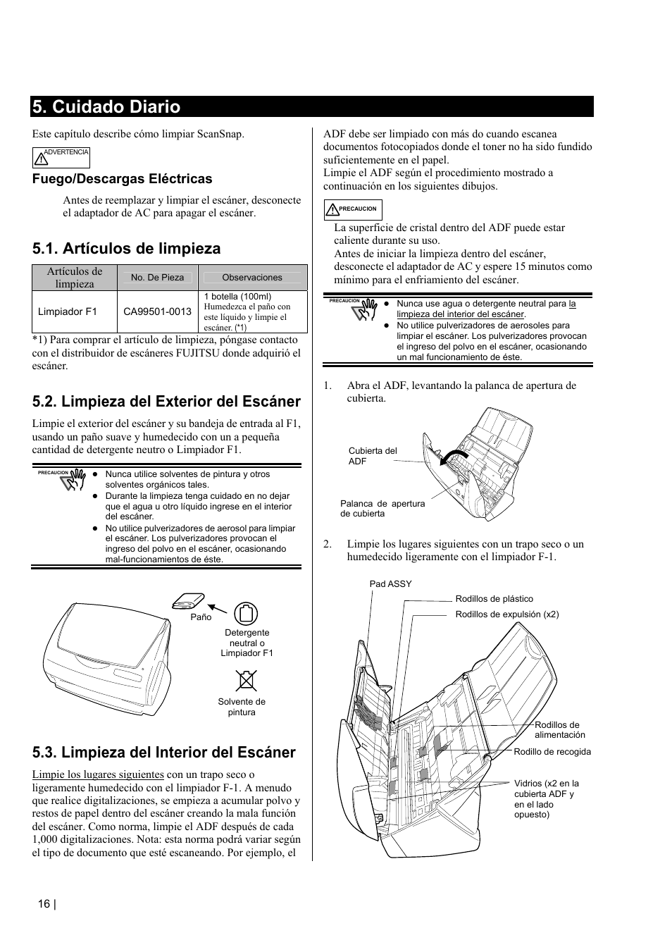 N " 5.3. limpieza del interior del escáner, Cuidado diario, Artículos de limpieza | Limpieza del exterior del escáner, Limpieza del interior del escáner, Fuego/descargas eléctricas | FUJITSU fi-5110EOX2 User Manual | Page 120 / 130