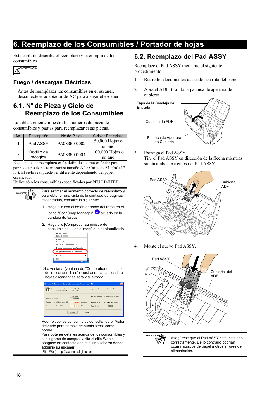 Reemplazo del pad assy, Reemplazo de los consumibles / portador de hojas, De pieza y ciclo de reemplazo de los consumibles | Fuego / descargas eléctricas | FUJITSU fi-5110EOX2 User Manual | Page 122 / 130