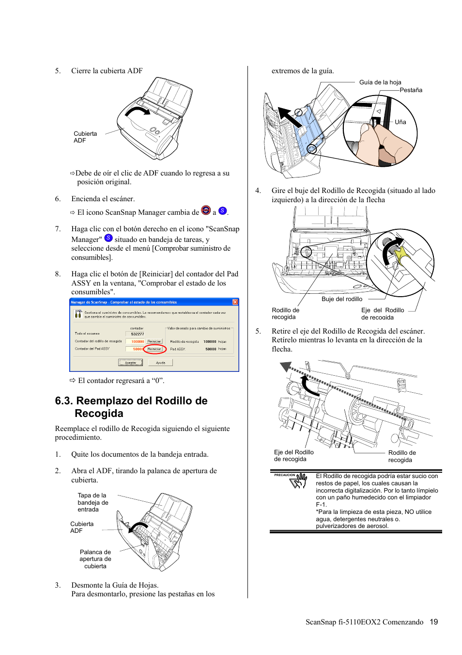 N " 6.3. reemplazo del rodillo de recogida, Reemplazo del rodillo de recogida | FUJITSU fi-5110EOX2 User Manual | Page 123 / 130