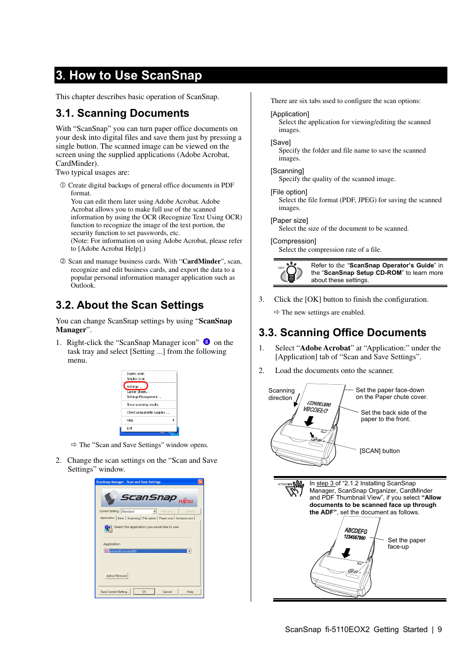 3 . how to use scansnap, Scanning documents, About the scan settings | Scanning office documents | FUJITSU fi-5110EOX2 User Manual | Page 13 / 130