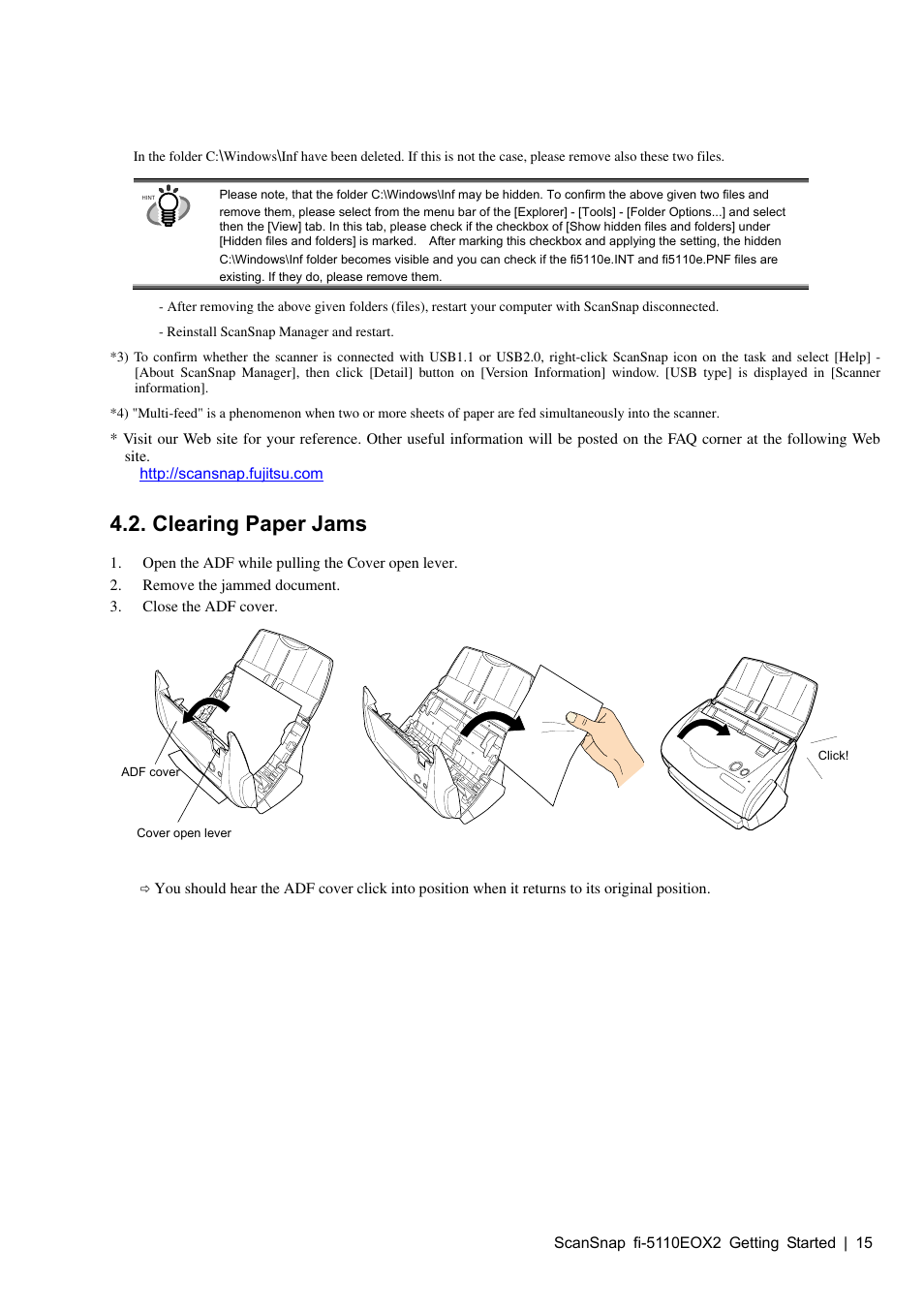 Clearing paper jams | FUJITSU fi-5110EOX2 User Manual | Page 19 / 130