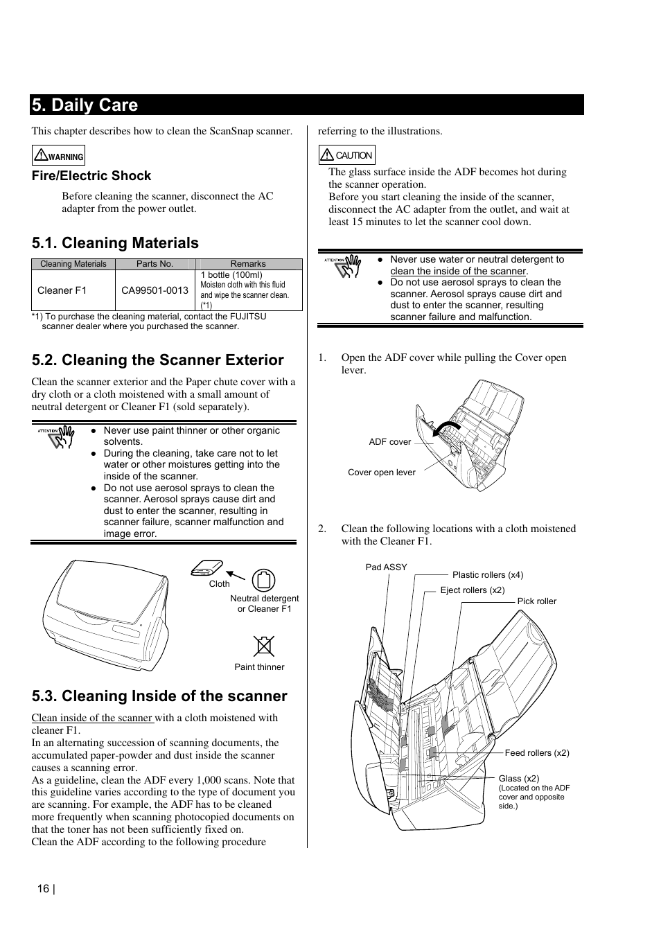 Daily care, Cleaning materials, Cleaning the scanner exterior | Cleaning inside of the scanner, Fire/electric shock | FUJITSU fi-5110EOX2 User Manual | Page 20 / 130