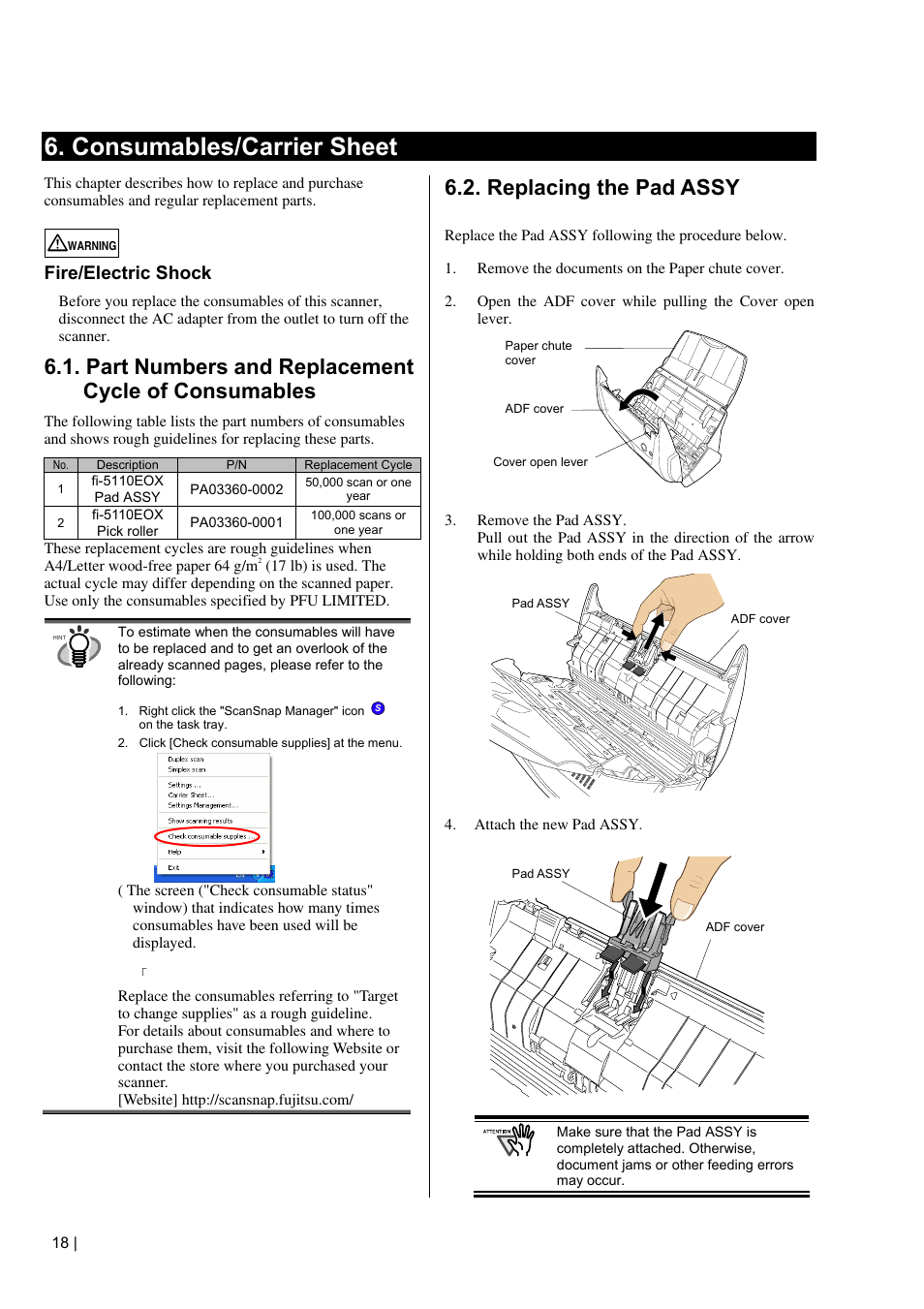 Consumables/carrier sheet, Part numbers and replacement cycle of consumables, Replacing the pad assy | Fire/electric shock | FUJITSU fi-5110EOX2 User Manual | Page 22 / 130