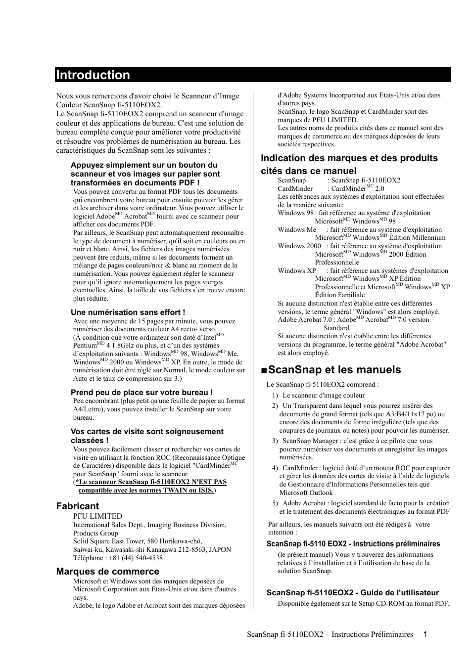 Introduction, Scansnap et les manuels, Fabricant | Marques de commerce | FUJITSU fi-5110EOX2 User Manual | Page 29 / 130