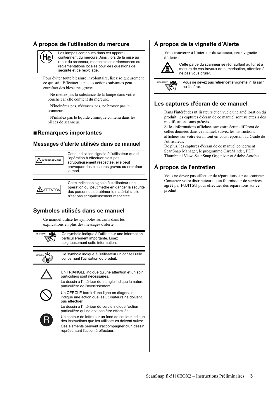 À propos de l'utilisation du mercure, Symboles utilisés dans ce manuel, À propos de la vignette d’alerte | Les captures d'écran de ce manuel, À propos de l'entretien | FUJITSU fi-5110EOX2 User Manual | Page 31 / 130