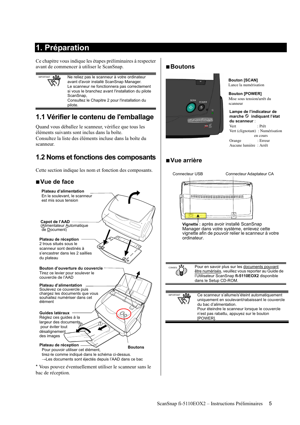 Préparation, 1 vérifier le contenu de l'emballage, 2 noms et fonctions des composants | Vue de face, Boutons, Vue arrière | FUJITSU fi-5110EOX2 User Manual | Page 33 / 130