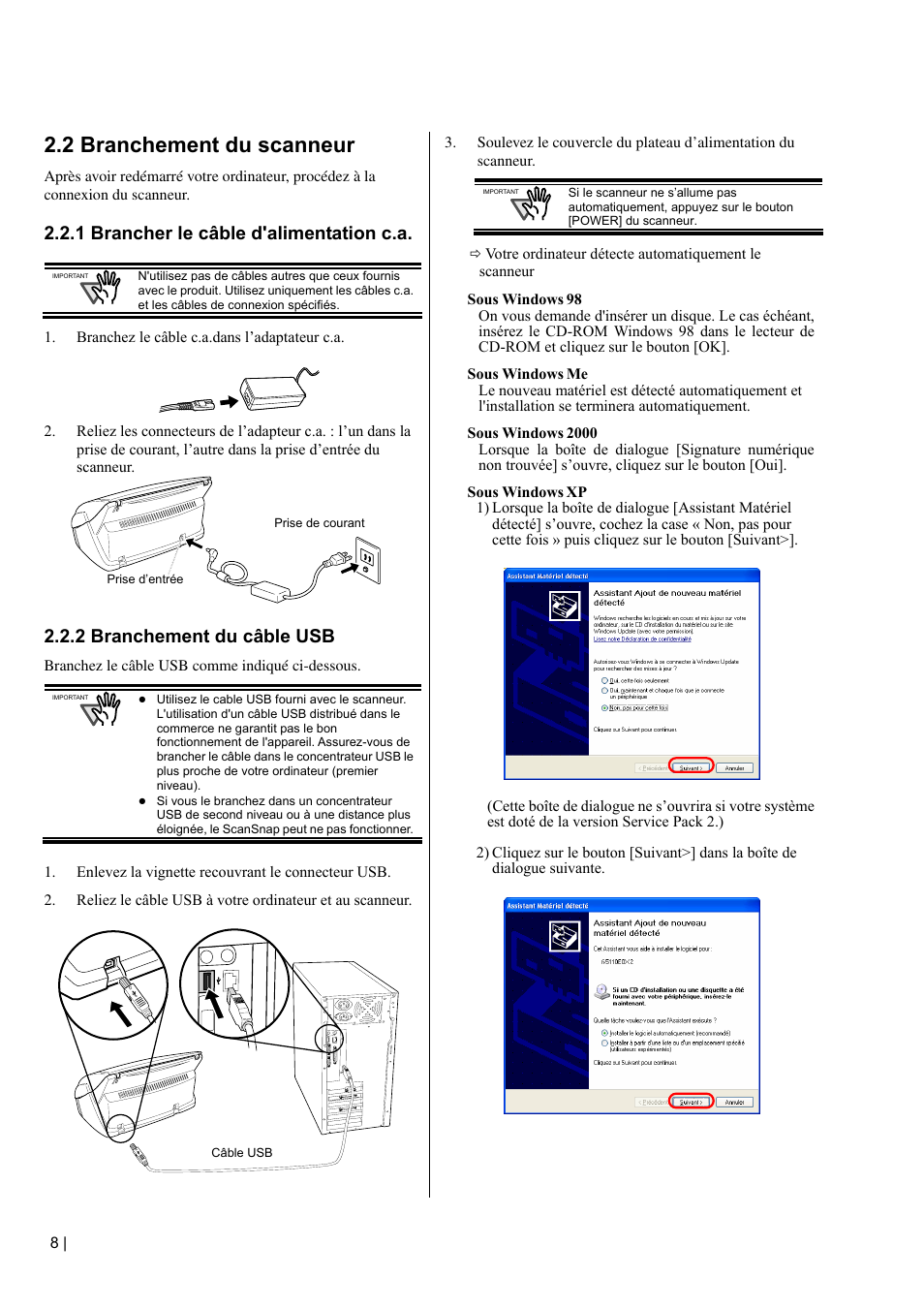 2 branchement du scanneur, 1 brancher le câble d'alimentation c.a, 2 branchement du câble usb | FUJITSU fi-5110EOX2 User Manual | Page 36 / 130