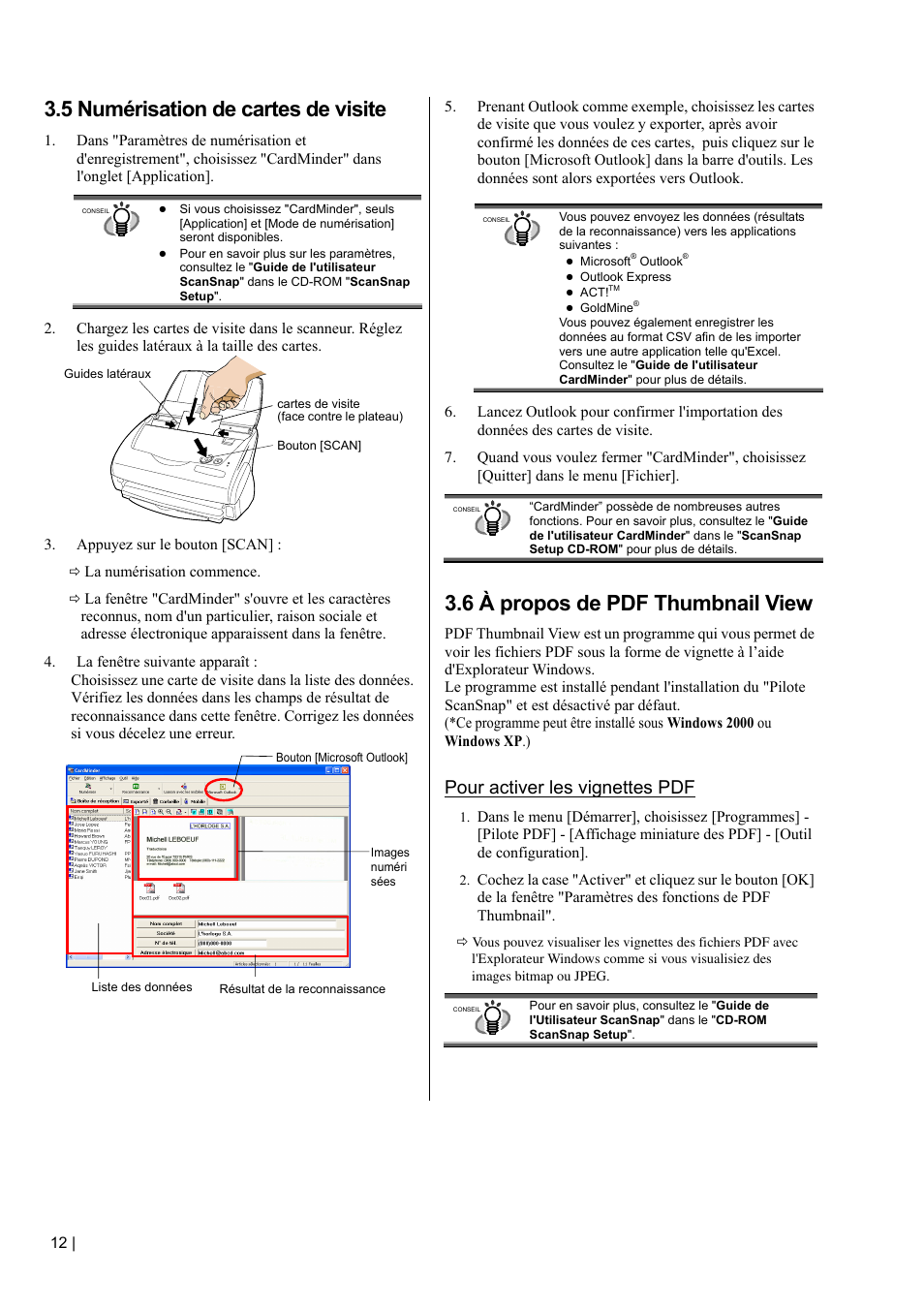 5 numérisation de cartes de visite, 6 à propos de pdf thumbnail view, Pour activer les vignettes pdf | FUJITSU fi-5110EOX2 User Manual | Page 40 / 130