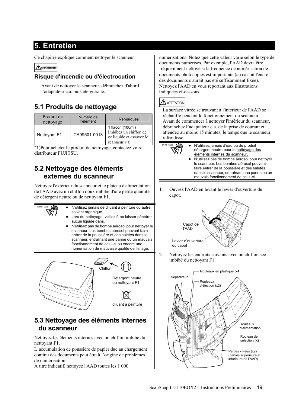 Entretien, 1 produits de nettoyage, 2 nettoyage des éléments externes du scanneur | 3 nettoyage des éléments internes du scanneur, Risque d'incendie ou d'électrocution | FUJITSU fi-5110EOX2 User Manual | Page 47 / 130