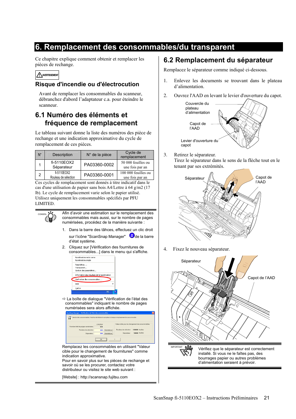 Remplacement des consommables/du transparent, 1 numéro des éléments et fréquence de remplacement, 2 remplacement du séparateur | Risque d'incendie ou d'électrocution | FUJITSU fi-5110EOX2 User Manual | Page 49 / 130