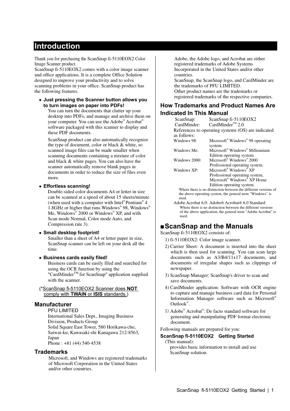 Introduction, Scansnap and the manuals, Manufacturer | Trademarks | FUJITSU fi-5110EOX2 User Manual | Page 5 / 130