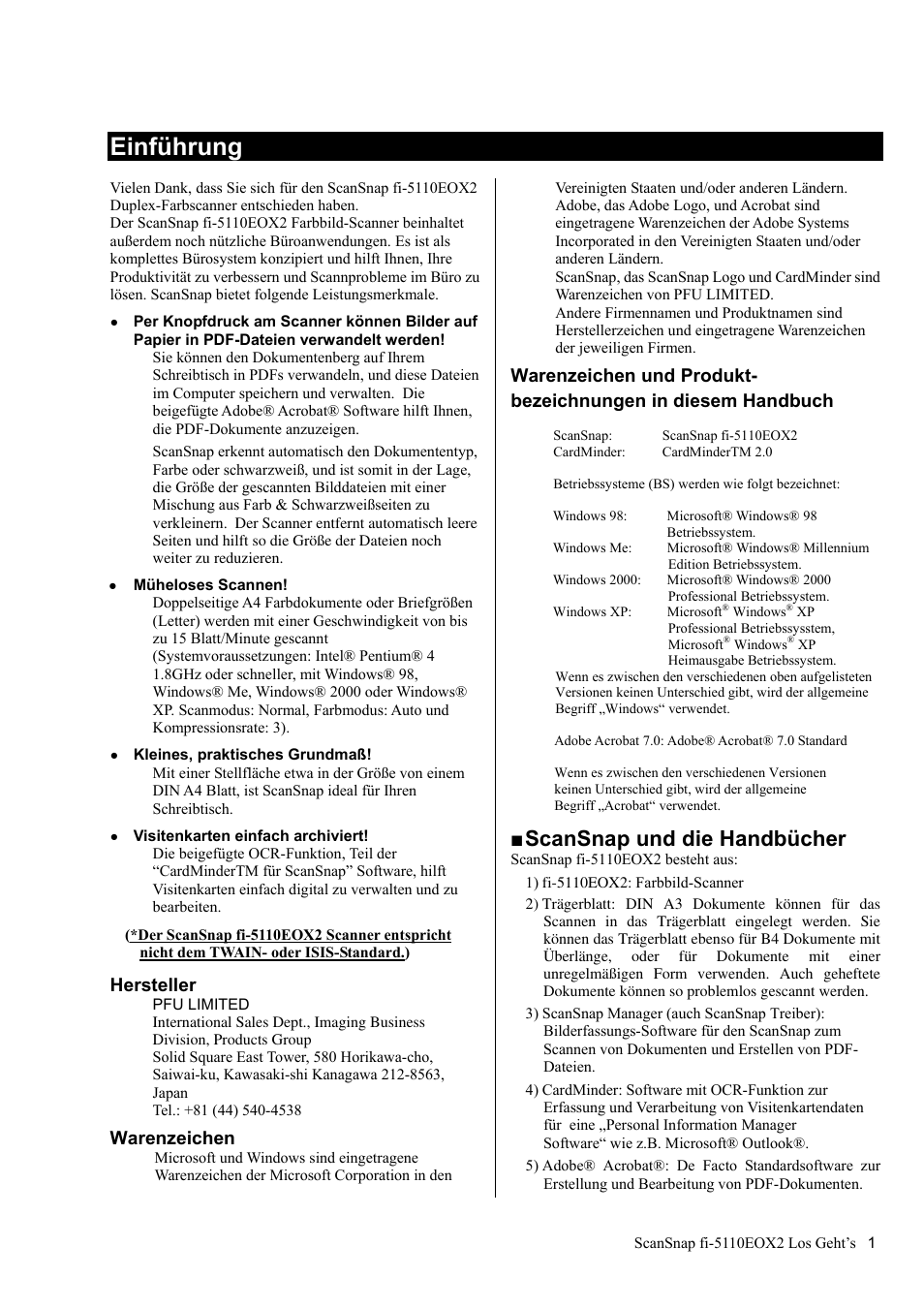 Einführung, Scansnap und die handbücher, Hersteller | Warenzeichen | FUJITSU fi-5110EOX2 User Manual | Page 55 / 130