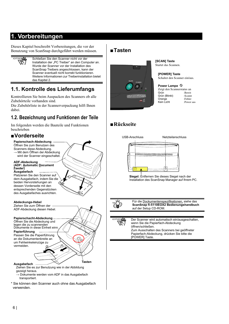 Vorbereitungen, Kontrolle des lieferumfangs, Bezeichnung und funktionen der teile | Vorderseite, Tasten, Rückseite | FUJITSU fi-5110EOX2 User Manual | Page 60 / 130
