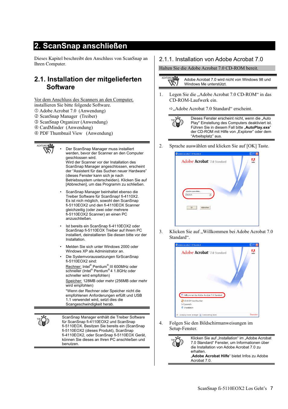 Scansnap anschließen, Installation der mitgelieferten software, Installation von adobe acrobat 7.0 | FUJITSU fi-5110EOX2 User Manual | Page 61 / 130