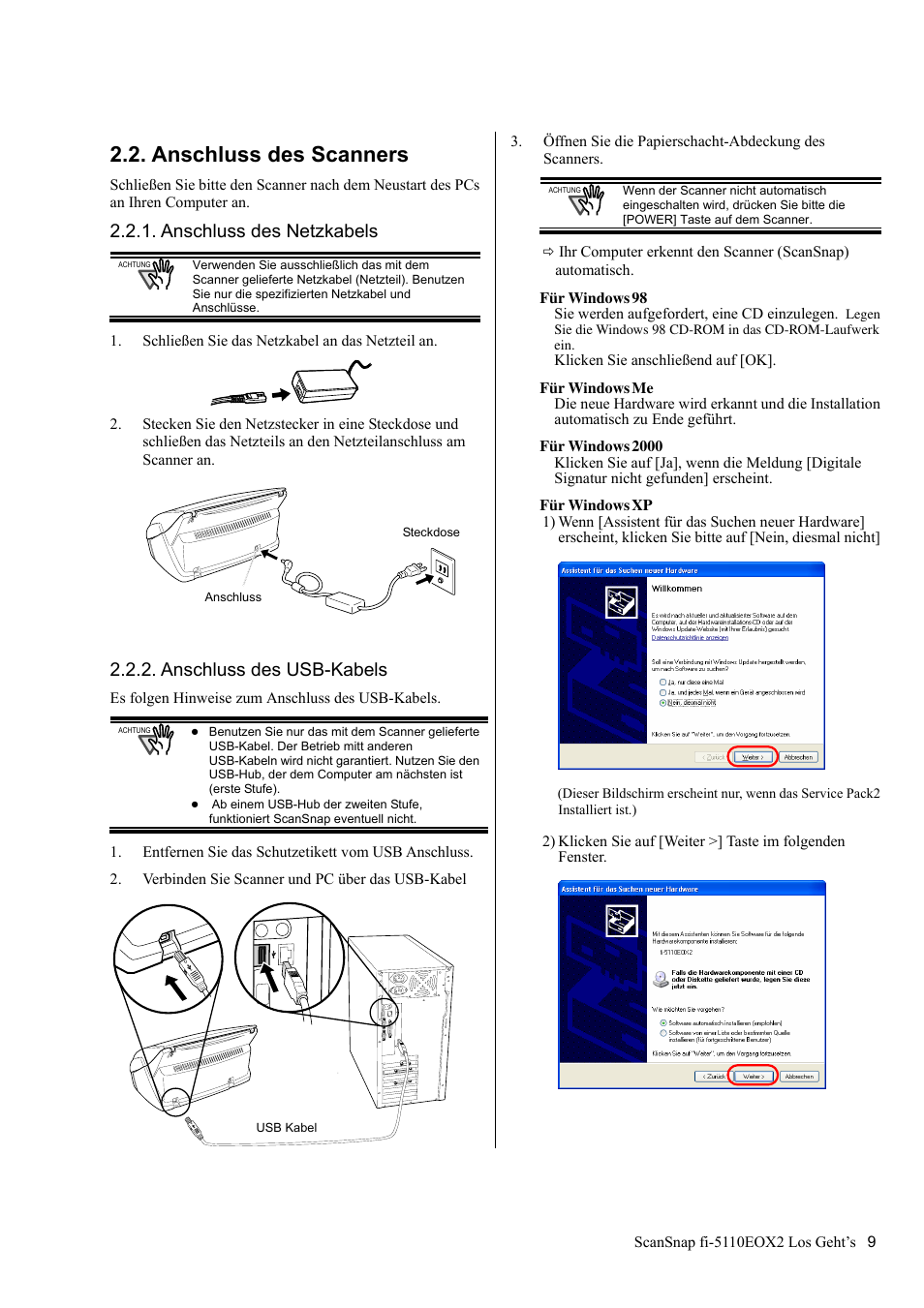 Anschluss des scanners, Anschluss des netzkabels, Anschluss des usb-kabels | FUJITSU fi-5110EOX2 User Manual | Page 63 / 130