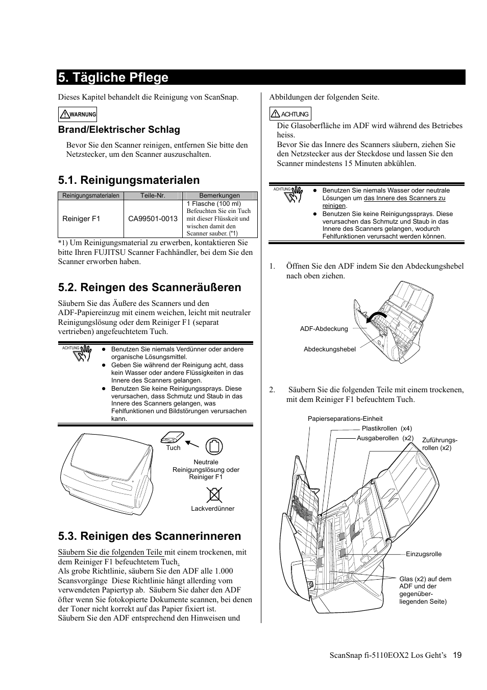 Tägliche pflege, Reinigungsmaterialen, Reingen des scanneräußeren | Reinigen des scannerinneren, Im scansnap manager, Scansnap, Brand/elektrischer schlag | FUJITSU fi-5110EOX2 User Manual | Page 73 / 130