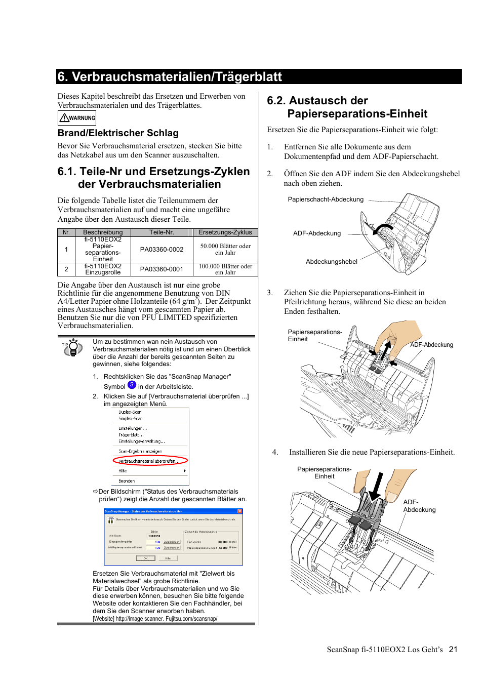 Verbrauchsmaterialien/trägerblatt, Austausch der papierseparations-einheit, Brand/elektrischer schlag | FUJITSU fi-5110EOX2 User Manual | Page 75 / 130