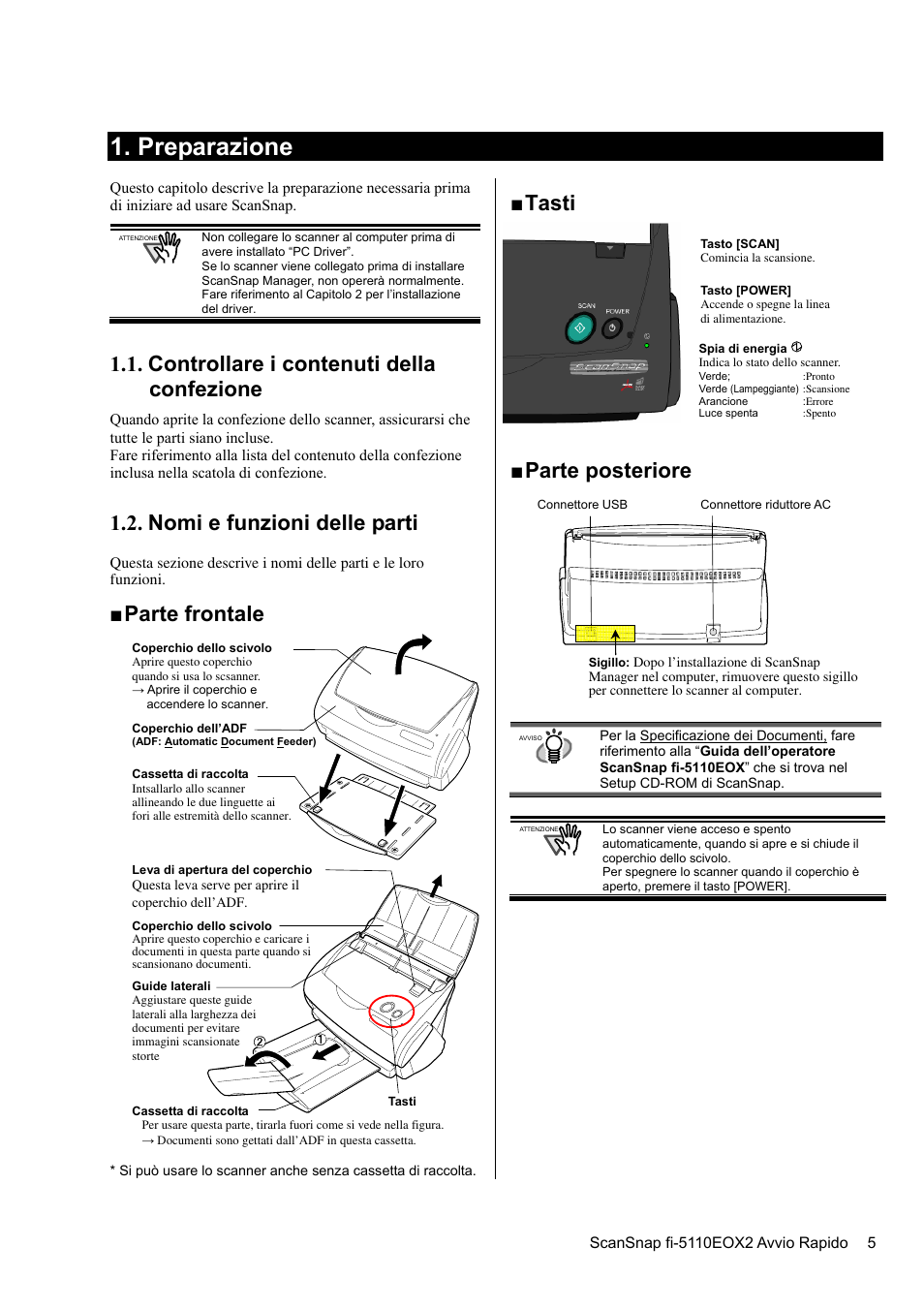 Preparazione, Controllare i contenuti della confezione, Nomi e funzioni delle parti | Parte frontale, Tasti, Parte posteriore | FUJITSU fi-5110EOX2 User Manual | Page 85 / 130