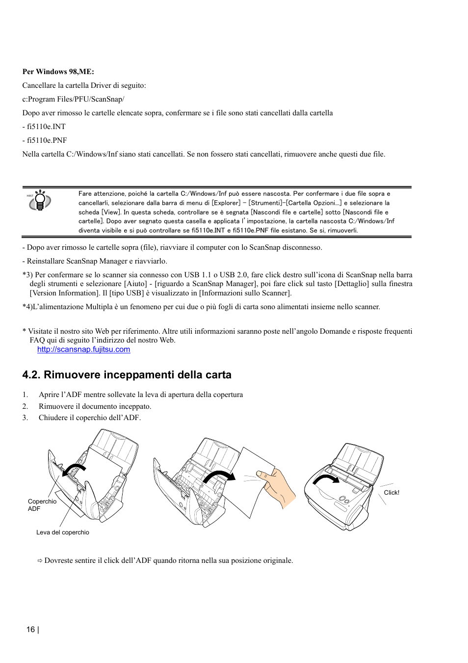 Rimuovere inceppamenti della carta | FUJITSU fi-5110EOX2 User Manual | Page 96 / 130