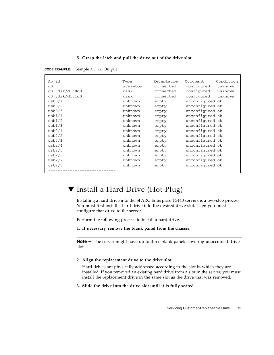 Install a hard drive (hot-plug) | FUJITSU SPARC T5440 User Manual | Page 101 / 214