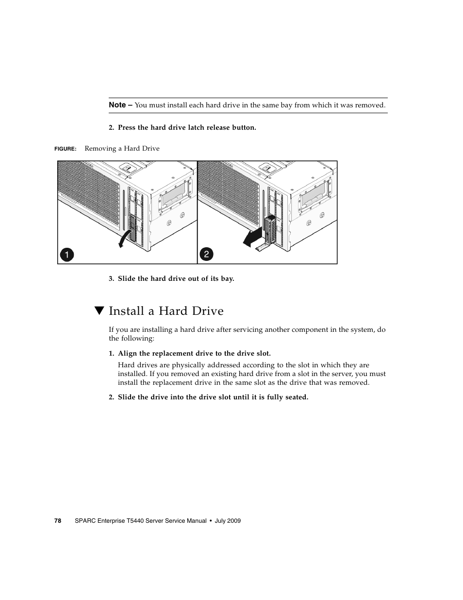 Install a hard drive | FUJITSU SPARC T5440 User Manual | Page 104 / 214