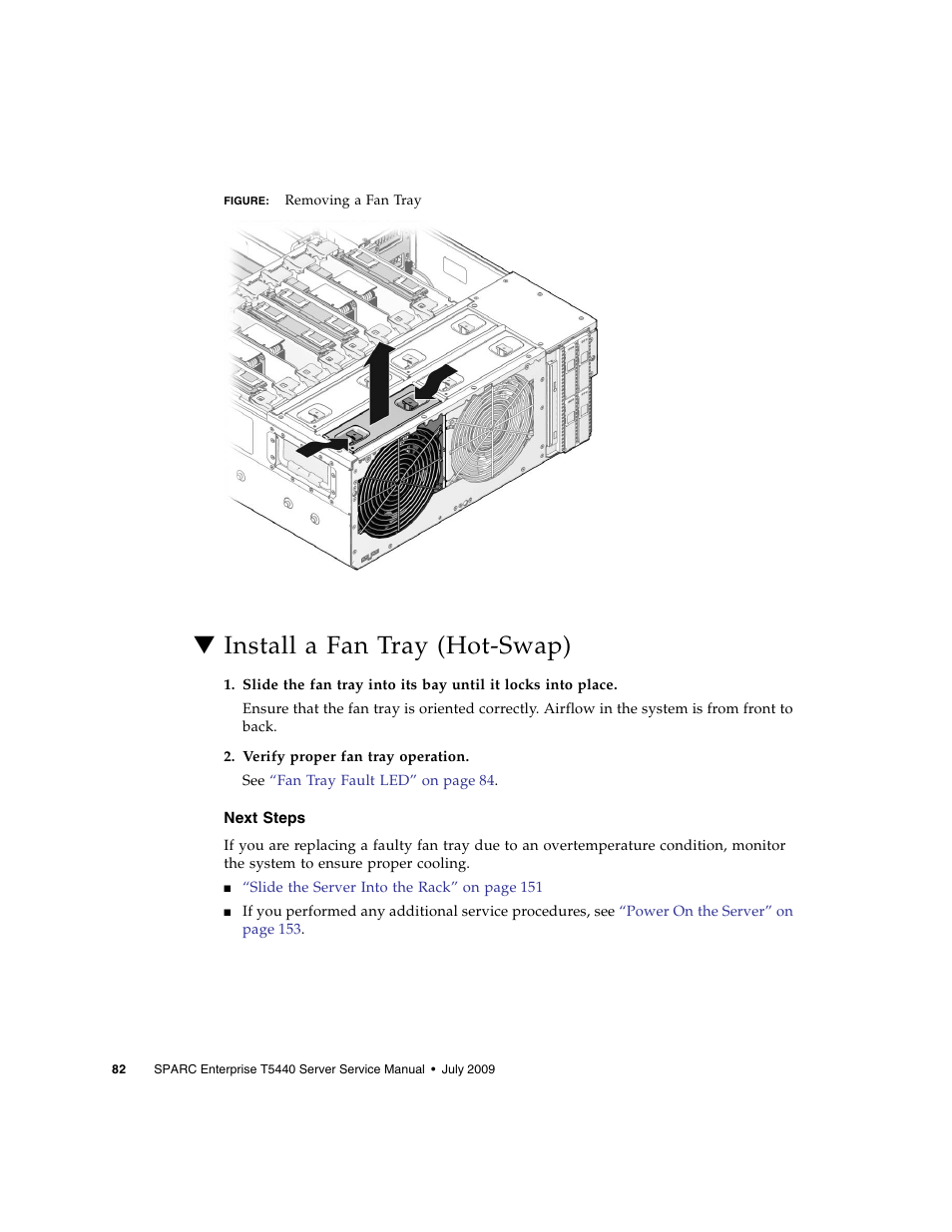 Install a fan tray (hot-swap), Next steps | FUJITSU SPARC T5440 User Manual | Page 108 / 214