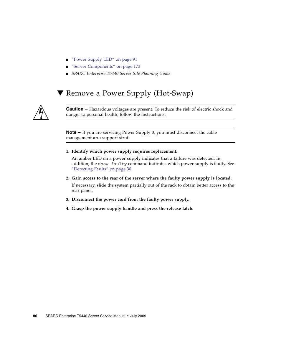 Remove a power supply (hot-swap) | FUJITSU SPARC T5440 User Manual | Page 112 / 214