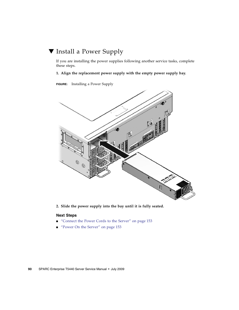 Install a power supply, Next steps | FUJITSU SPARC T5440 User Manual | Page 116 / 214