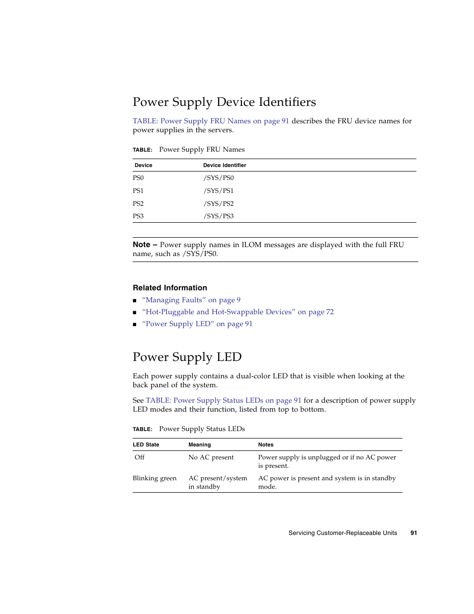 Power supply device identifiers, Related information, Power supply led | FUJITSU SPARC T5440 User Manual | Page 117 / 214