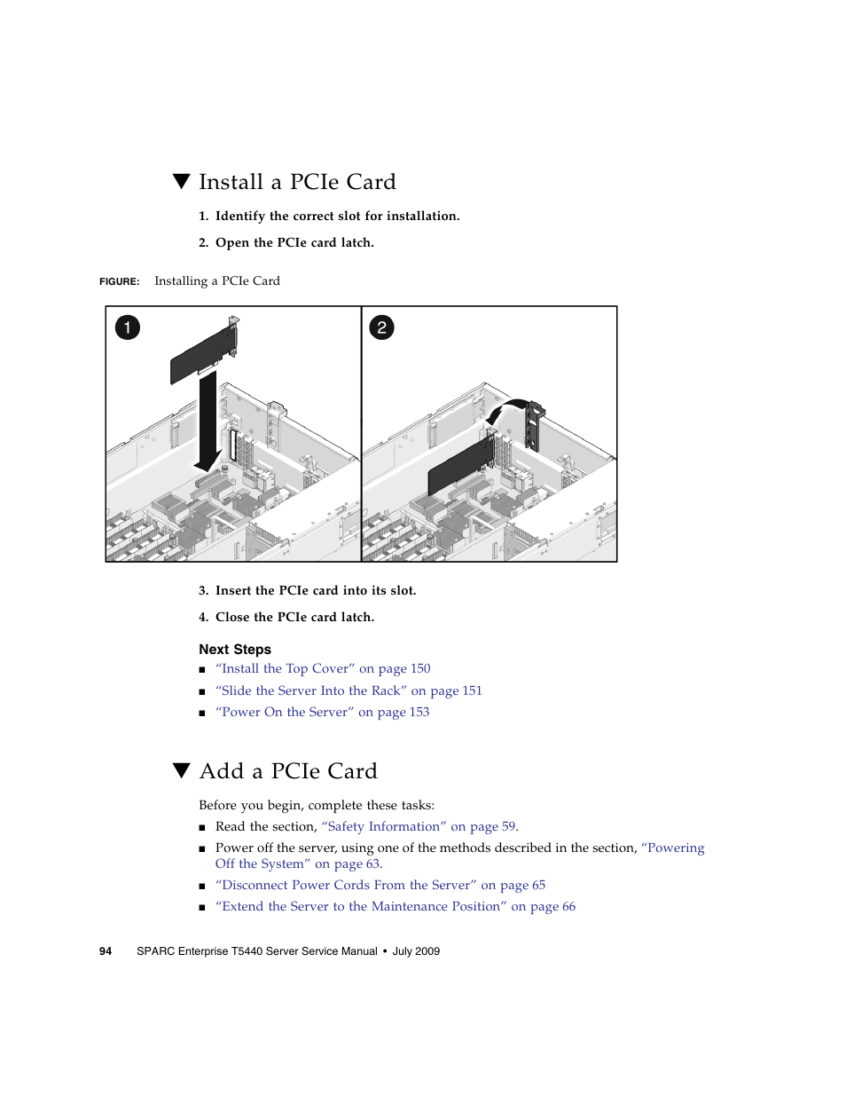 Install a pcie card, Next steps, Add a pcie card | FUJITSU SPARC T5440 User Manual | Page 120 / 214