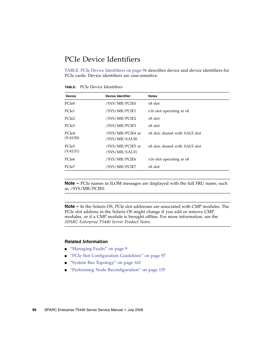 Pcie device identifiers, Related information | FUJITSU SPARC T5440 User Manual | Page 122 / 214