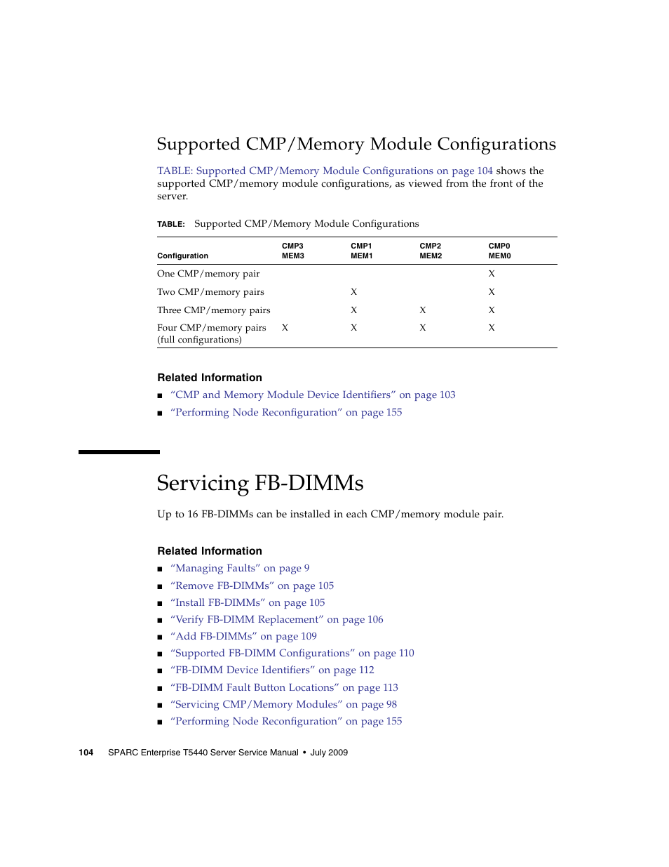 Supported cmp/memory module configurations, Related information, Servicing fb-dimms | FUJITSU SPARC T5440 User Manual | Page 130 / 214