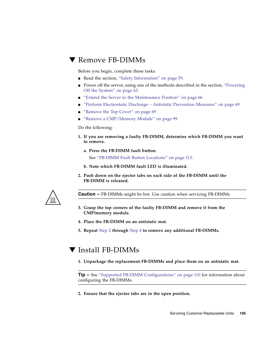 Remove fb-dimms, Install fb-dimms | FUJITSU SPARC T5440 User Manual | Page 131 / 214