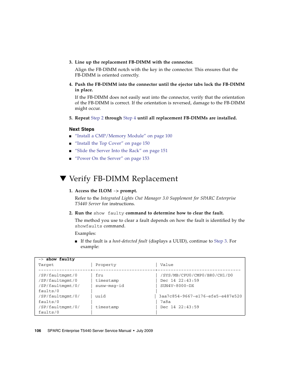 Next steps, Verify fb-dimm replacement | FUJITSU SPARC T5440 User Manual | Page 132 / 214