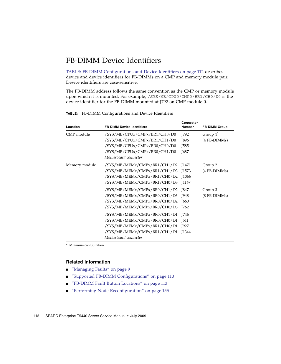 Fb-dimm device identifiers, Related information | FUJITSU SPARC T5440 User Manual | Page 138 / 214