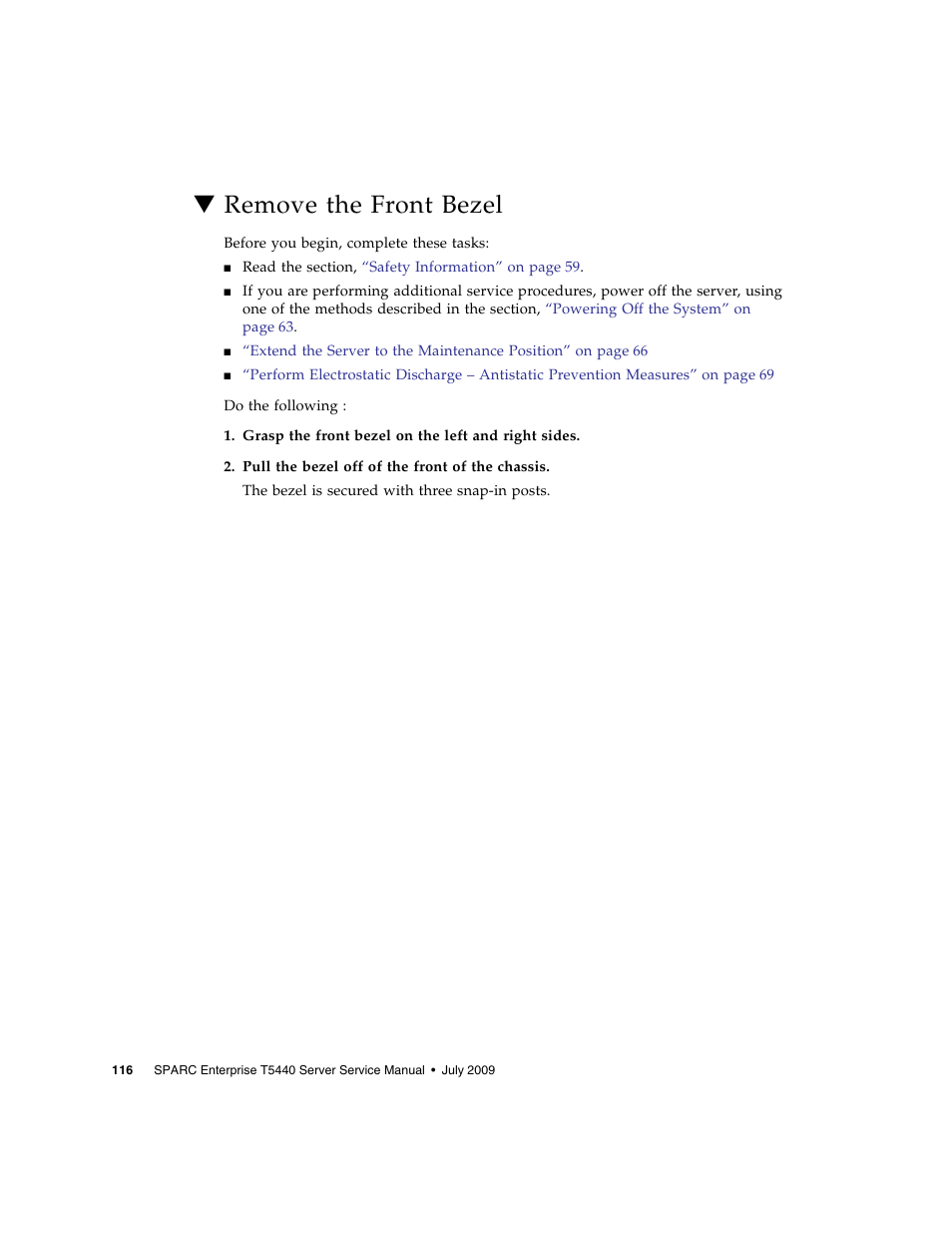Remove the front bezel | FUJITSU SPARC T5440 User Manual | Page 142 / 214