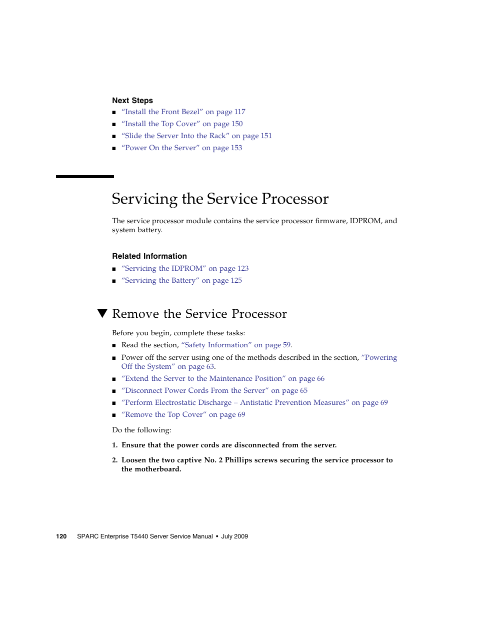 Next steps, Servicing the service processor, Related information | Remove the service processor | FUJITSU SPARC T5440 User Manual | Page 146 / 214