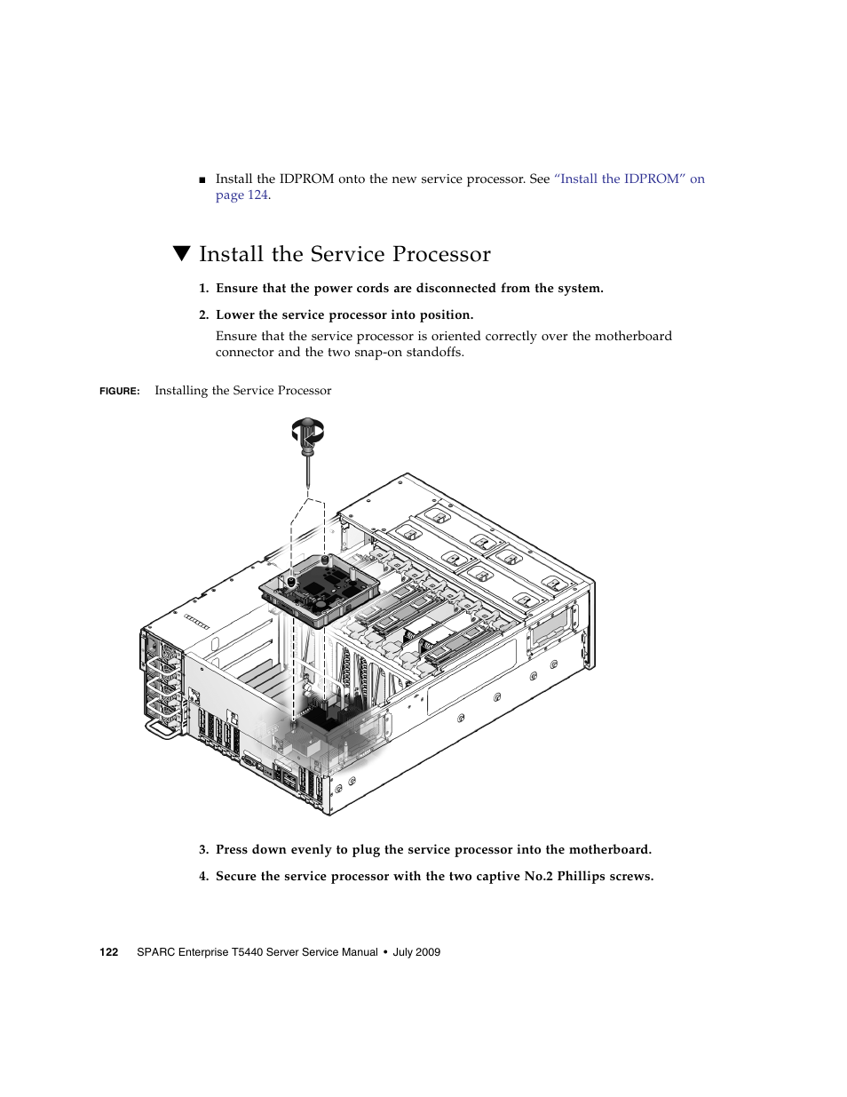 Install the service processor | FUJITSU SPARC T5440 User Manual | Page 148 / 214