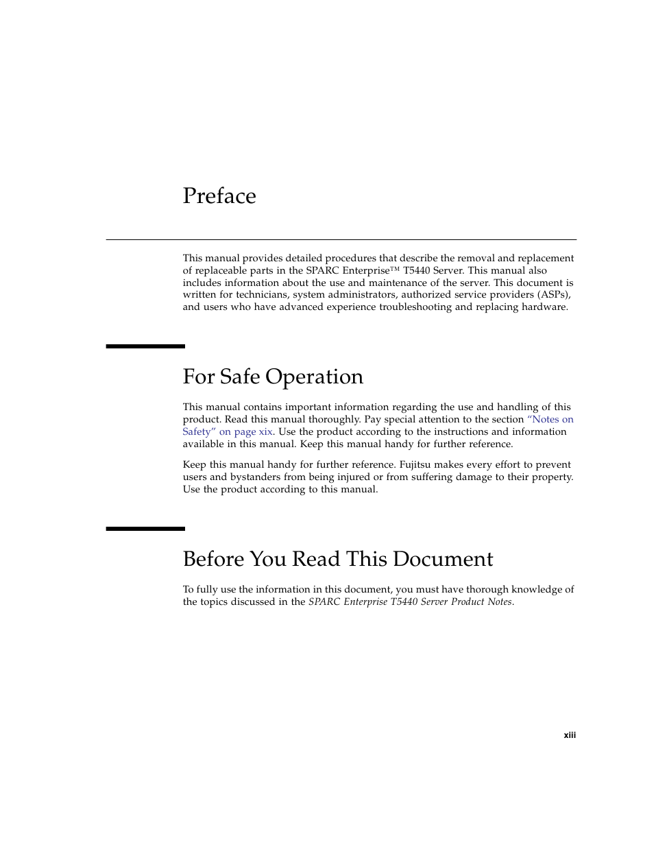 Preface, Xiii, For safe operation | Before you read this document | FUJITSU SPARC T5440 User Manual | Page 15 / 214