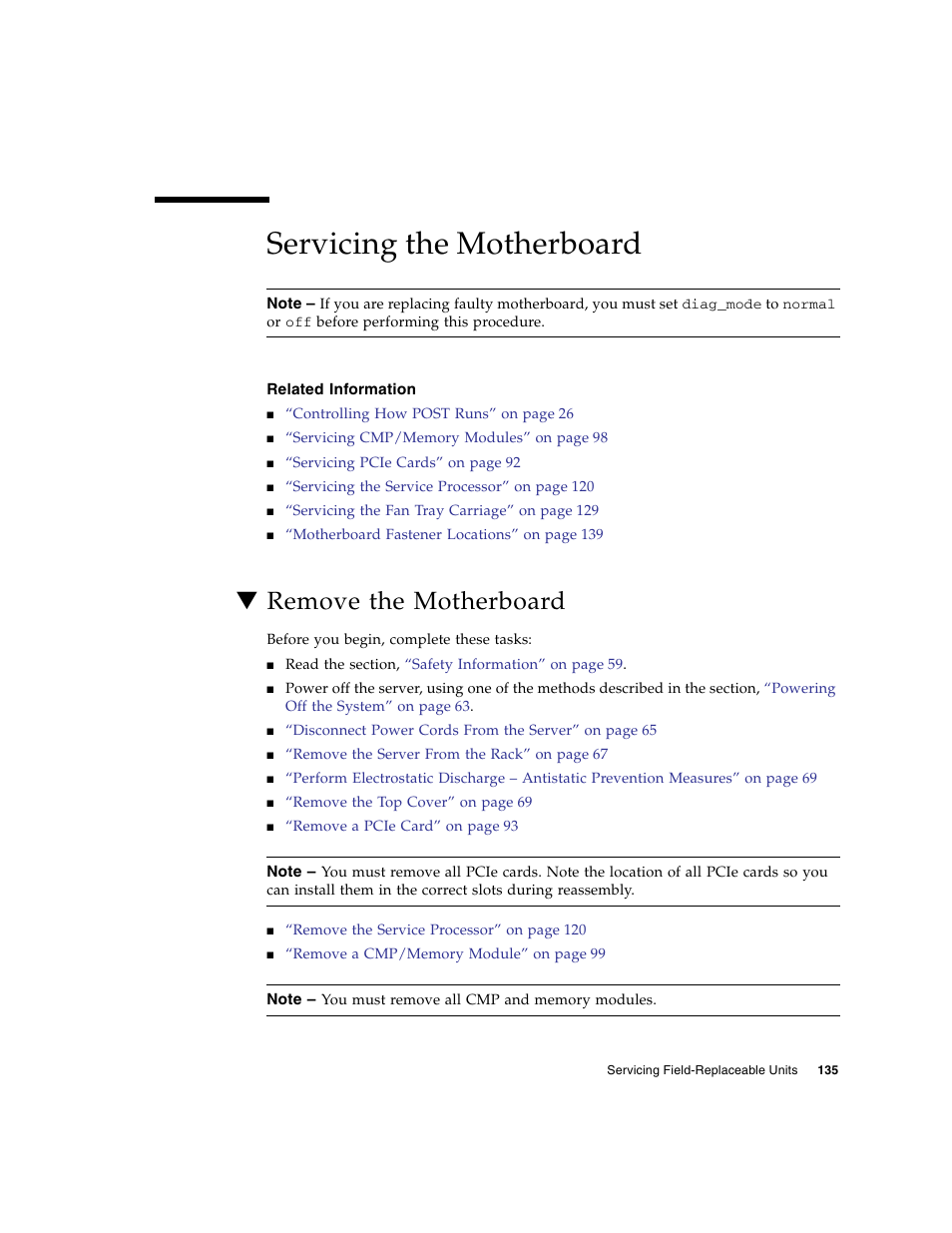 Servicing the motherboard, Related information, Remove the motherboard | FUJITSU SPARC T5440 User Manual | Page 161 / 214