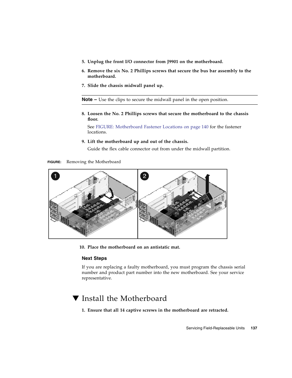 Next steps, Install the motherboard | FUJITSU SPARC T5440 User Manual | Page 163 / 214