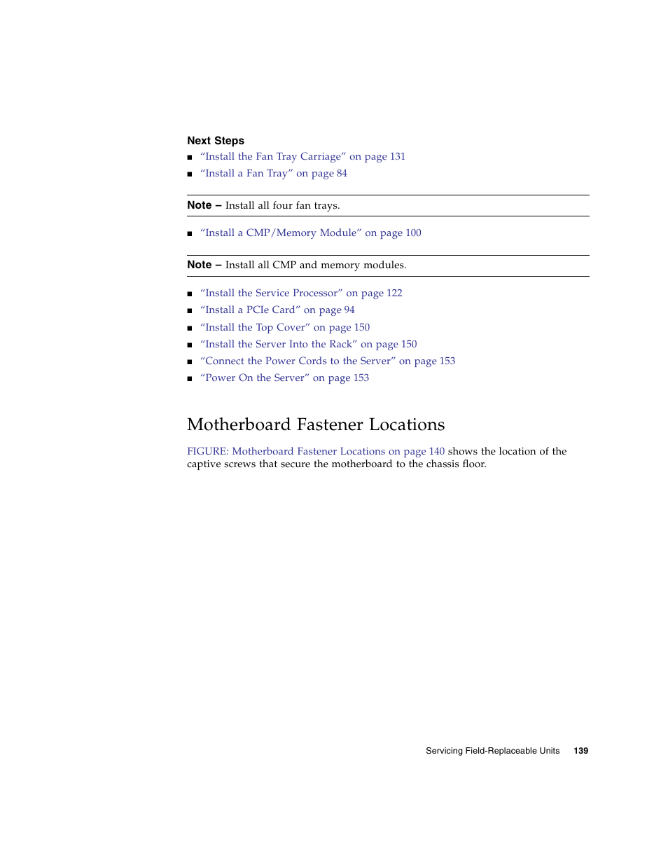 Next steps, Motherboard fastener locations | FUJITSU SPARC T5440 User Manual | Page 165 / 214