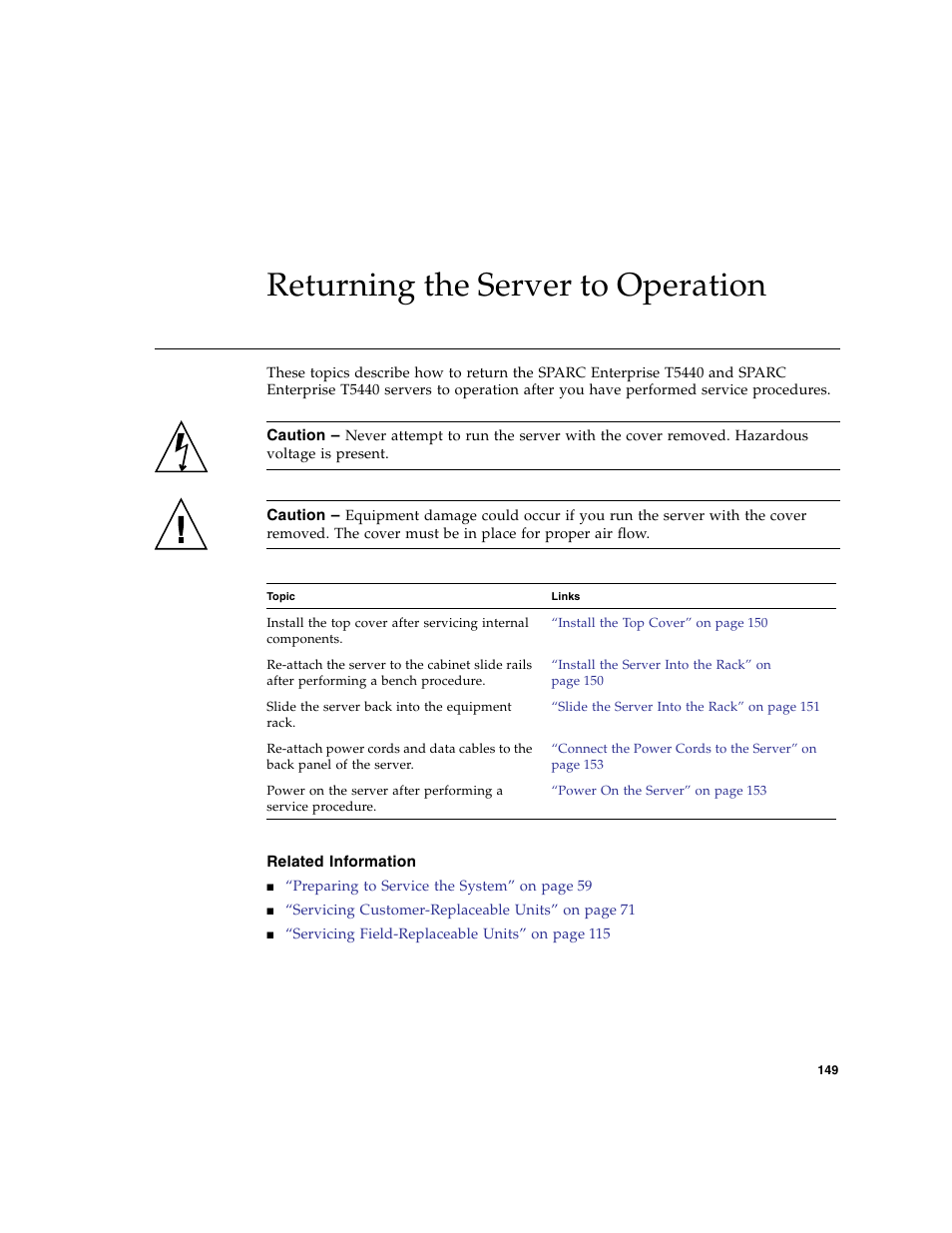 Returning the server to operation, Related information | FUJITSU SPARC T5440 User Manual | Page 175 / 214