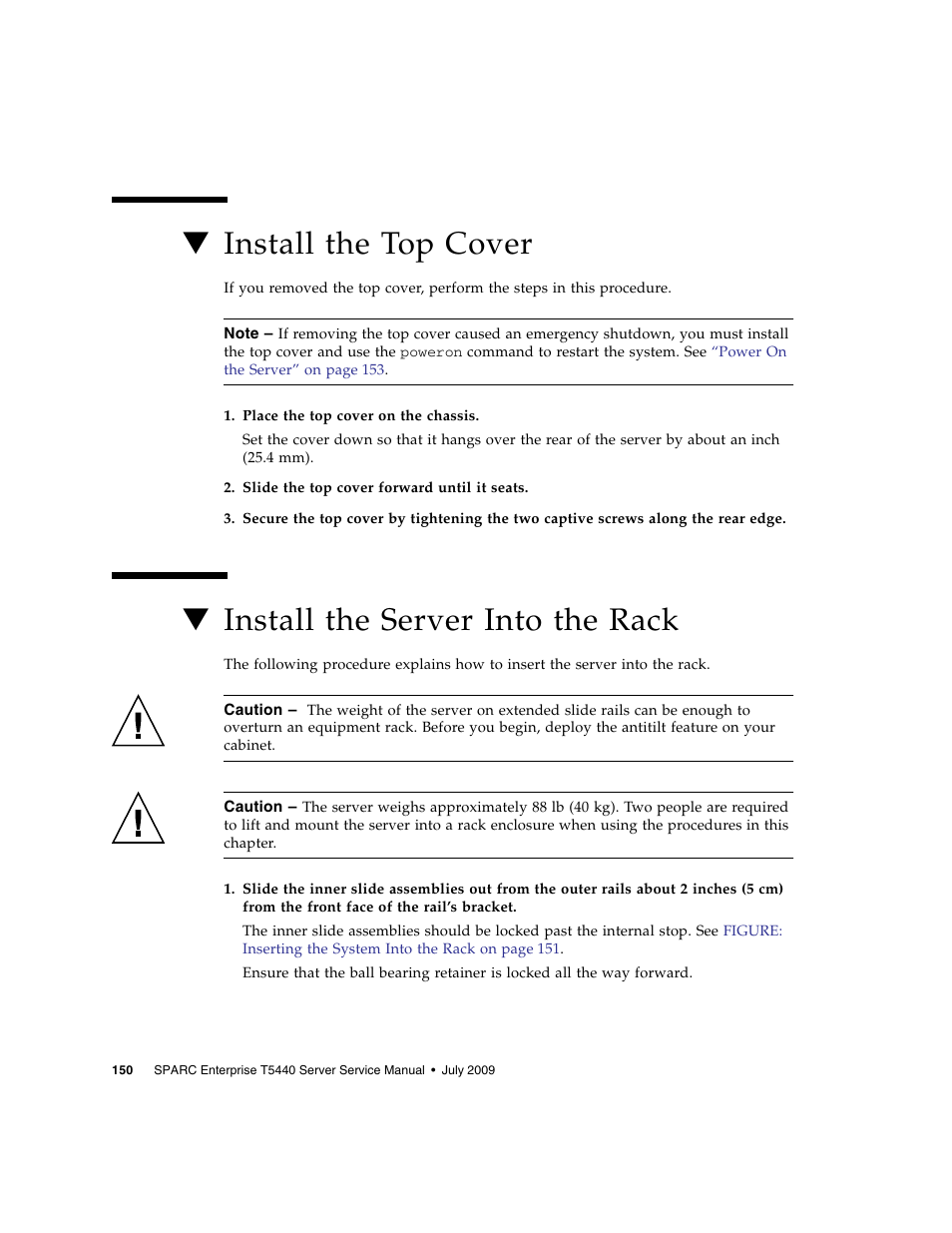 Install the top cover, Install the server into the rack | FUJITSU SPARC T5440 User Manual | Page 176 / 214
