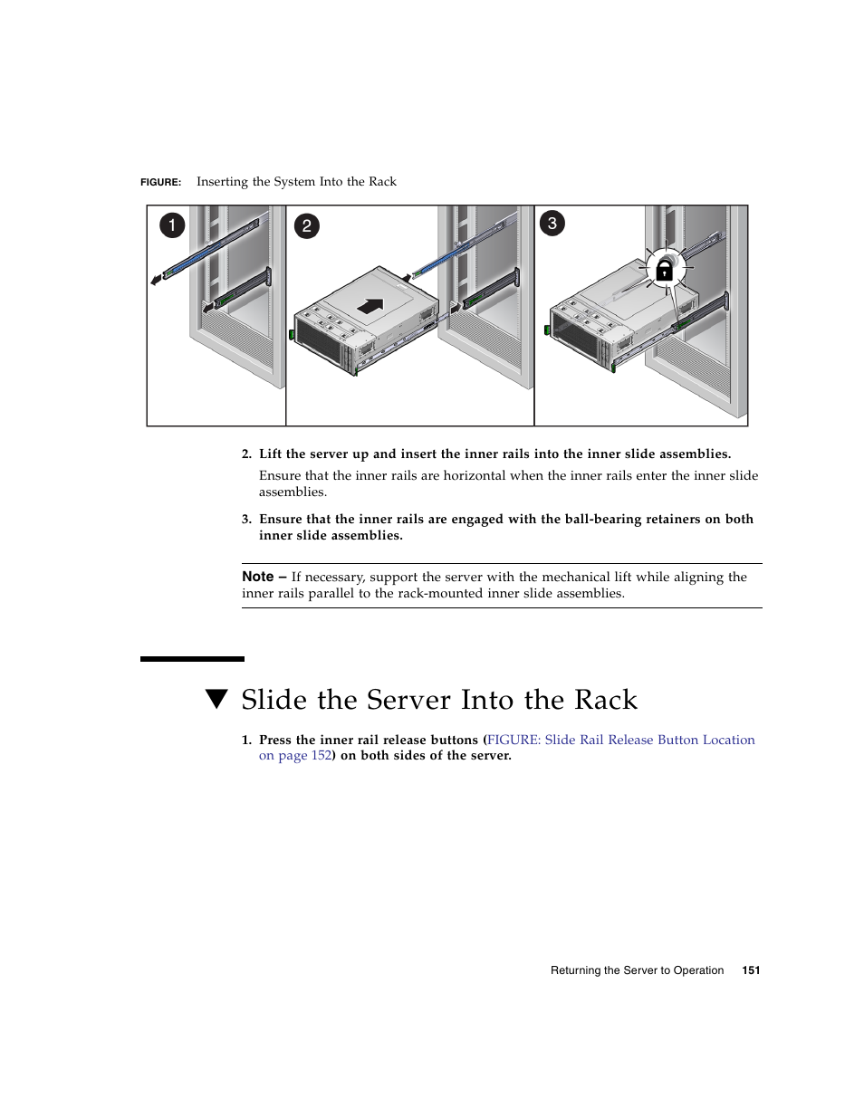 Slide the server into the rack | FUJITSU SPARC T5440 User Manual | Page 177 / 214