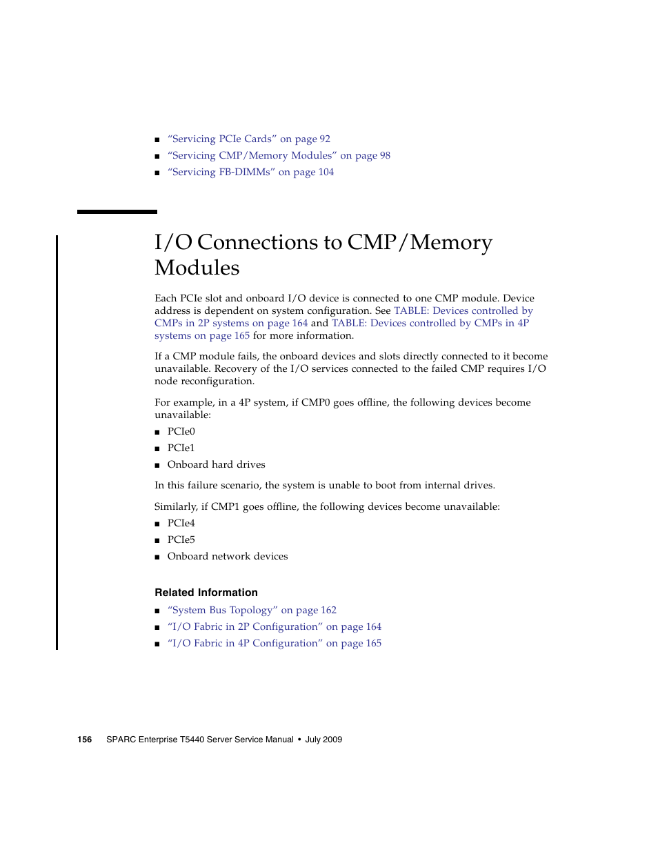 I/o connections to cmp/memory modules, Related information | FUJITSU SPARC T5440 User Manual | Page 182 / 214