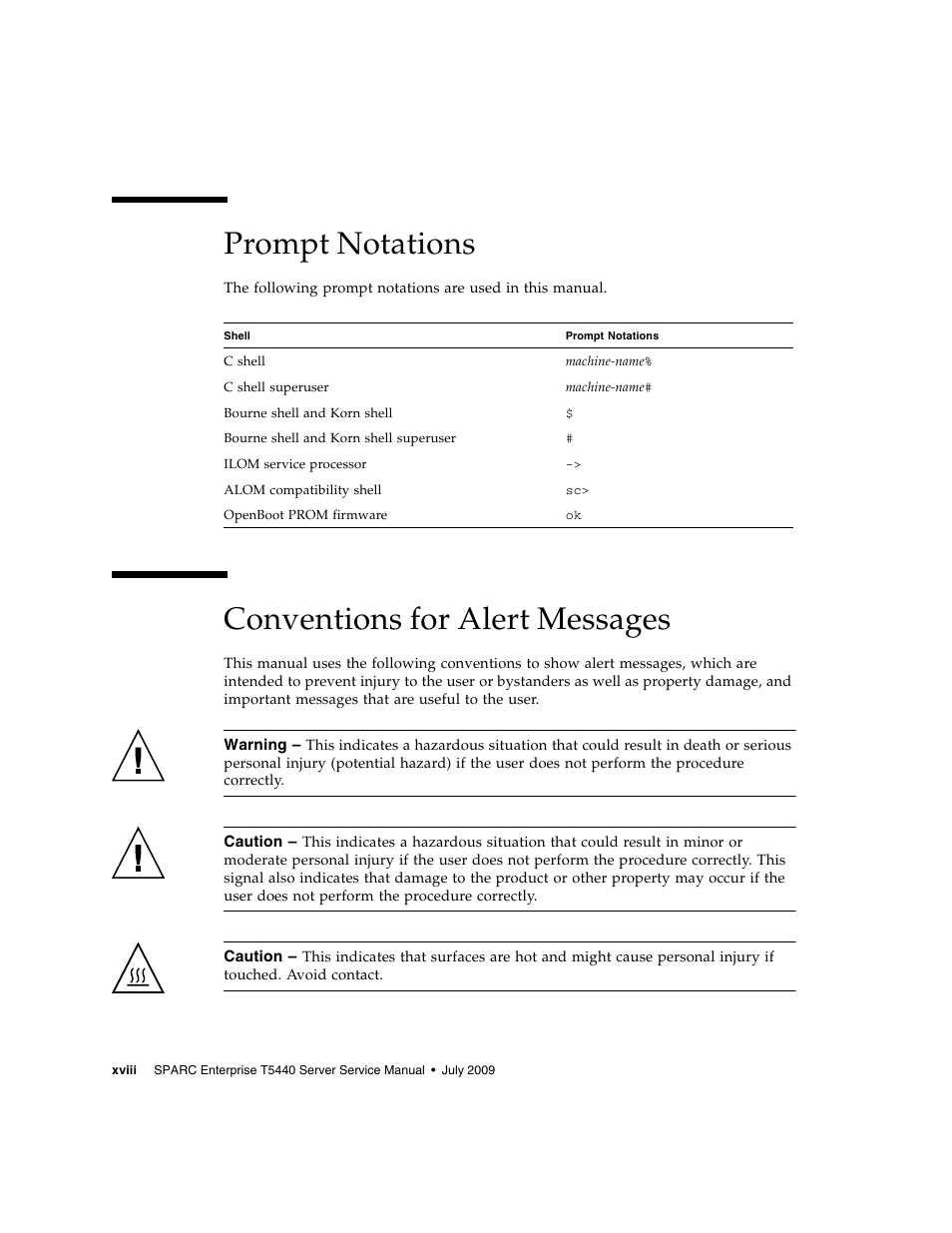 Prompt notations, Conventions for alert messages | FUJITSU SPARC T5440 User Manual | Page 20 / 214