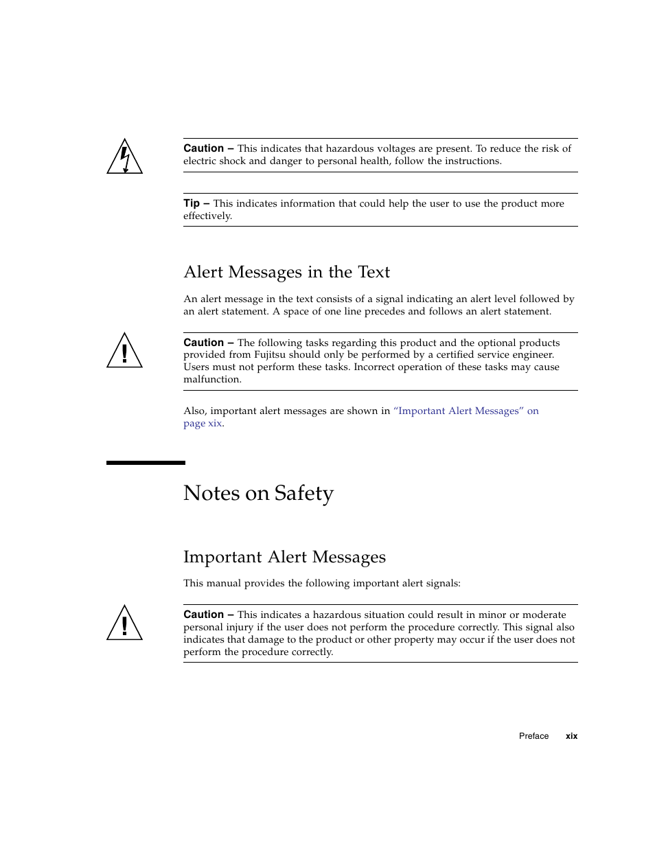 Alert messages in the text, Important alert messages | FUJITSU SPARC T5440 User Manual | Page 21 / 214