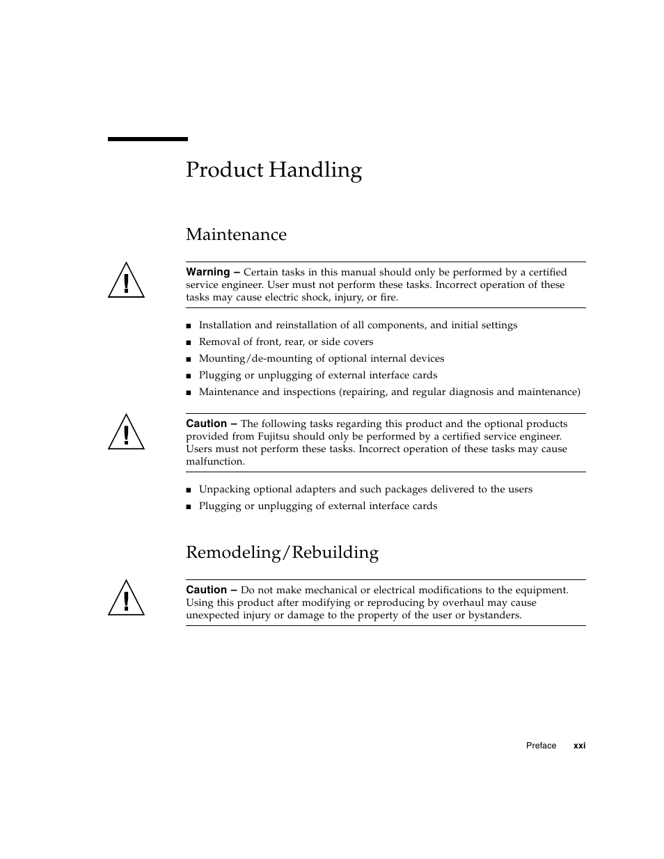 Product handling, Maintenance, Remodeling/rebuilding | FUJITSU SPARC T5440 User Manual | Page 23 / 214