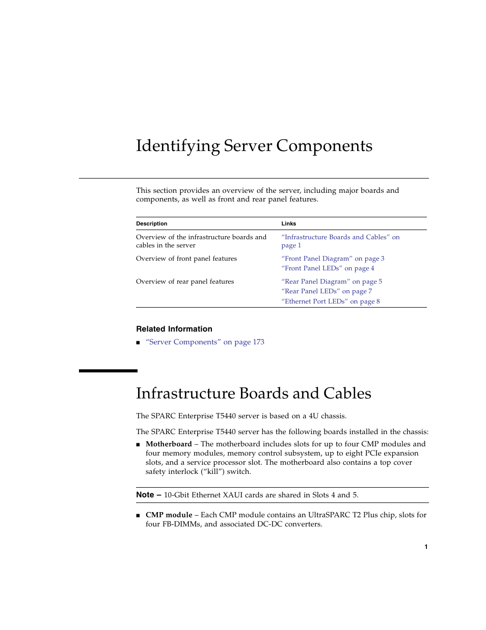 Identifying server components, Related information, Infrastructure boards and cables | FUJITSU SPARC T5440 User Manual | Page 27 / 214